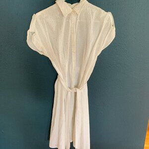 White Button Down Eyelet Dress with tie belt. Midi. Size M